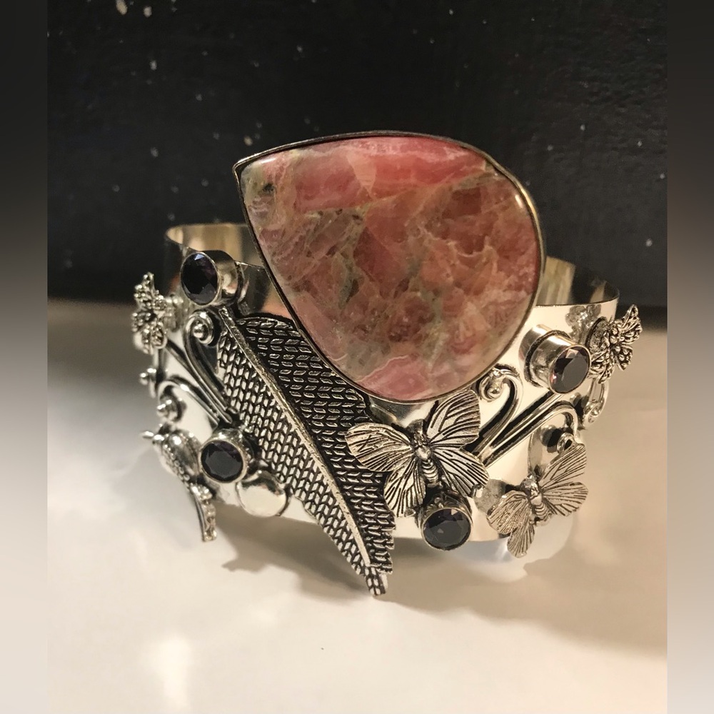 Krazy Lace Agate Amethyst Stamped Solid 925 Sterling Silver Cuff Bracelet